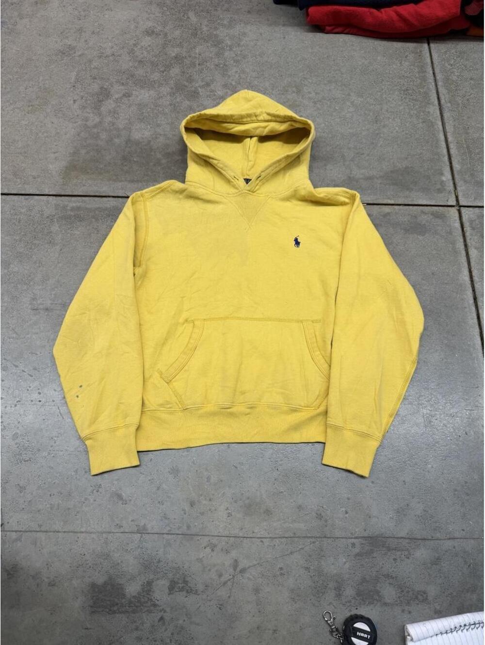vintage polo ralph lauren yellow small logo hoodie size small HAS STAINS